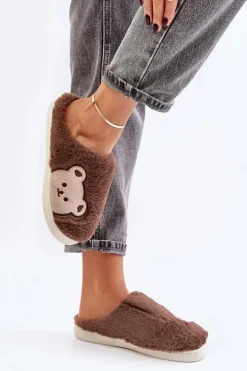 Kapcie Damskie Futrzane Z Misiem Brązowe Fiorinella
