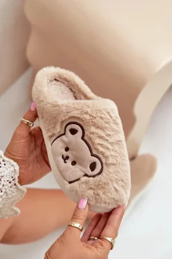 Kapcie Damskie Futrzane Z Misiem Beżowe Fiorinella