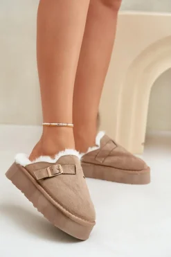 Kapcie Damskie Na Grubej Podeszwie Z Futerkiem I Klamrą Ciemnobeżowe Linneola