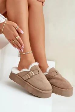 Kapcie Damskie Na Grubej Podeszwie Z Futerkiem I Klamrą Ciemnobeżowe Linneola