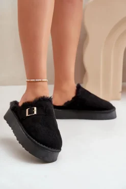 Kapcie Damskie Na Grubej Podeszwie Z Futerkiem I Klamrą Czarne Linneola