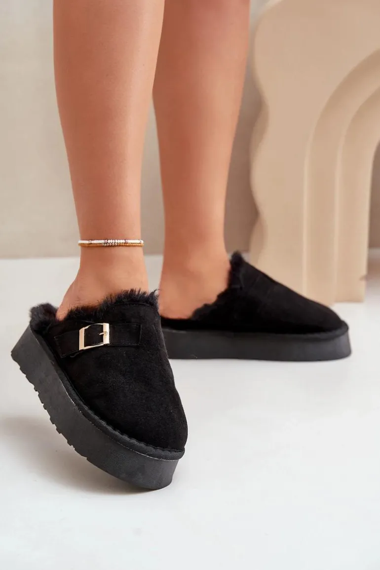 Kapcie Damskie Na Grubej Podeszwie Z Futerkiem I Klamrą Czarne Linneola