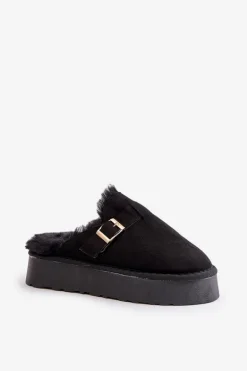 Kapcie Damskie Na Grubej Podeszwie Z Futerkiem I Klamrą Czarne Linneola