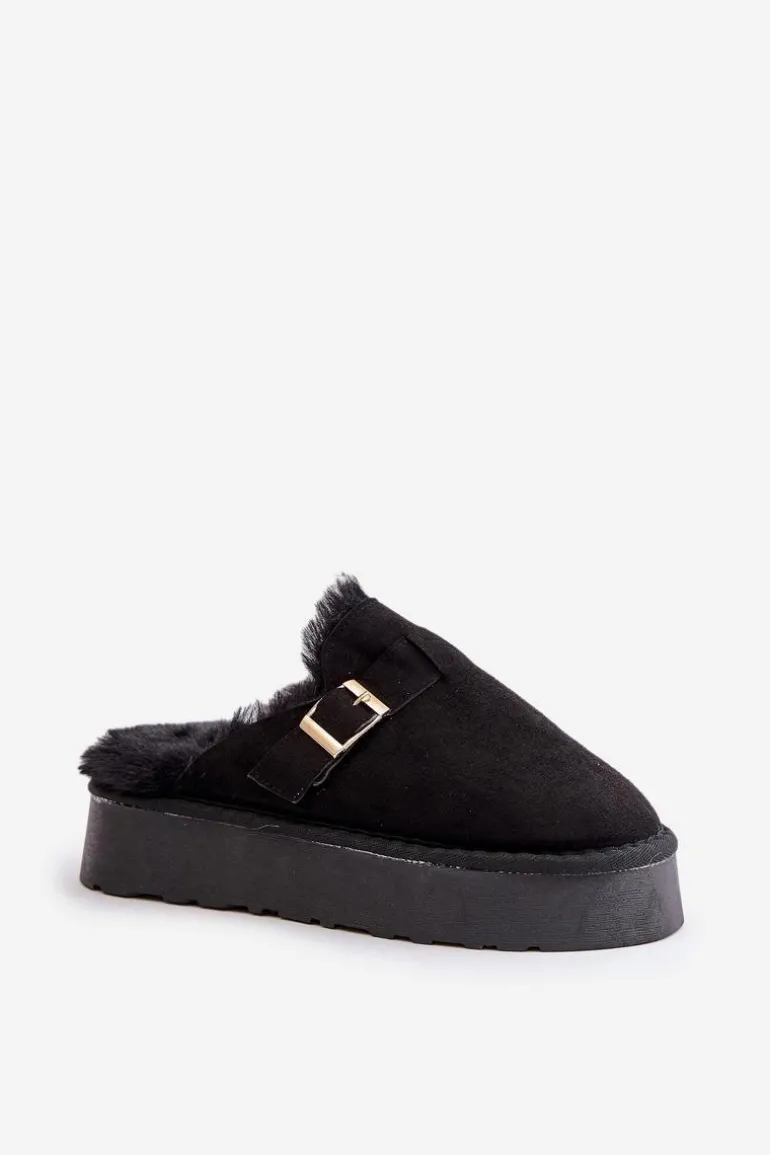 Kapcie Damskie Na Grubej Podeszwie Z Futerkiem I Klamrą Czarne Linneola