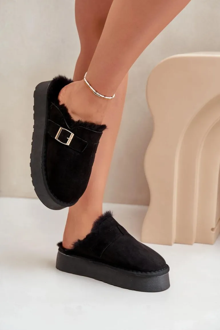 Kapcie Damskie Na Grubej Podeszwie Z Futerkiem I Klamrą Czarne Linneola