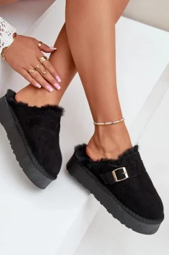 Kapcie Damskie Na Grubej Podeszwie Z Futerkiem I Klamrą Czarne Linneola