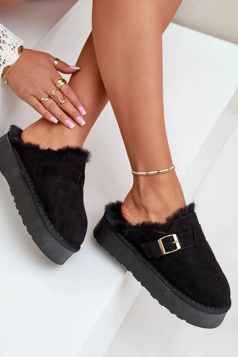 Kapcie Damskie Na Grubej Podeszwie Z Futerkiem I Klamrą Czarne Linneola