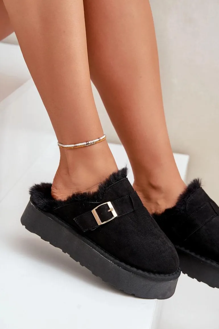 Kapcie Damskie Na Grubej Podeszwie Z Futerkiem I Klamrą Czarne Linneola