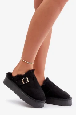 Kapcie Damskie Na Grubej Podeszwie Z Futerkiem I Klamrą Czarne Linneola