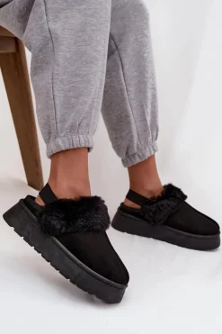Kapcie Damskie Na Platformie Z Futerkiem Czarne Linaris