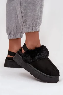Kapcie Damskie Na Platformie Z Futerkiem Czarne Linaris