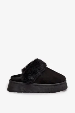 Kapcie Damskie Na Platformie Z Futerkiem Czarne Linaris