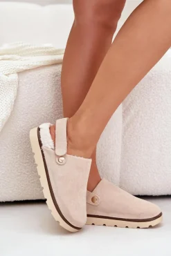 Kapcie Damskie Na Platformie Ocieplane Futerkiem Typu Baranek Beżowe Sanilora