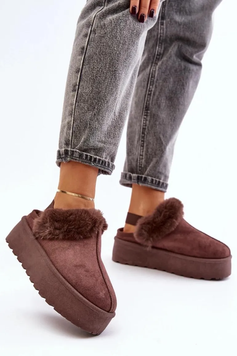 Kapcie Damskie Na Platformie Z Futerkiem Brązowe Linaris