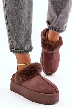 Kapcie Damskie Na Platformie Z Futerkiem Brązowe Linaris