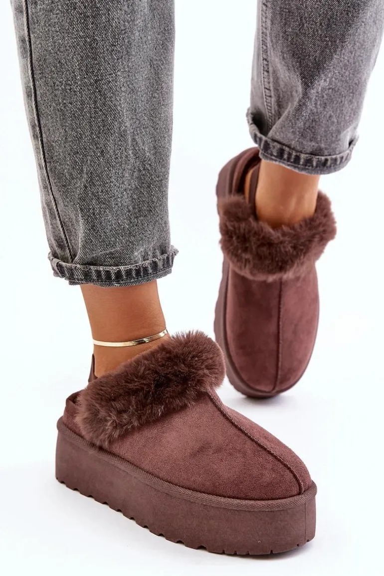 Kapcie Damskie Na Platformie Z Futerkiem Brązowe Linaris