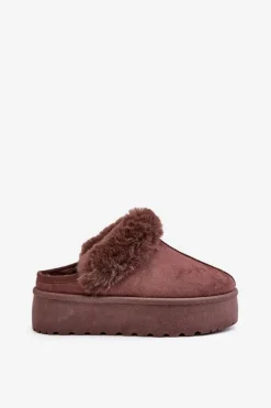 Kapcie Damskie Na Platformie Z Futerkiem Brązowe Linaris