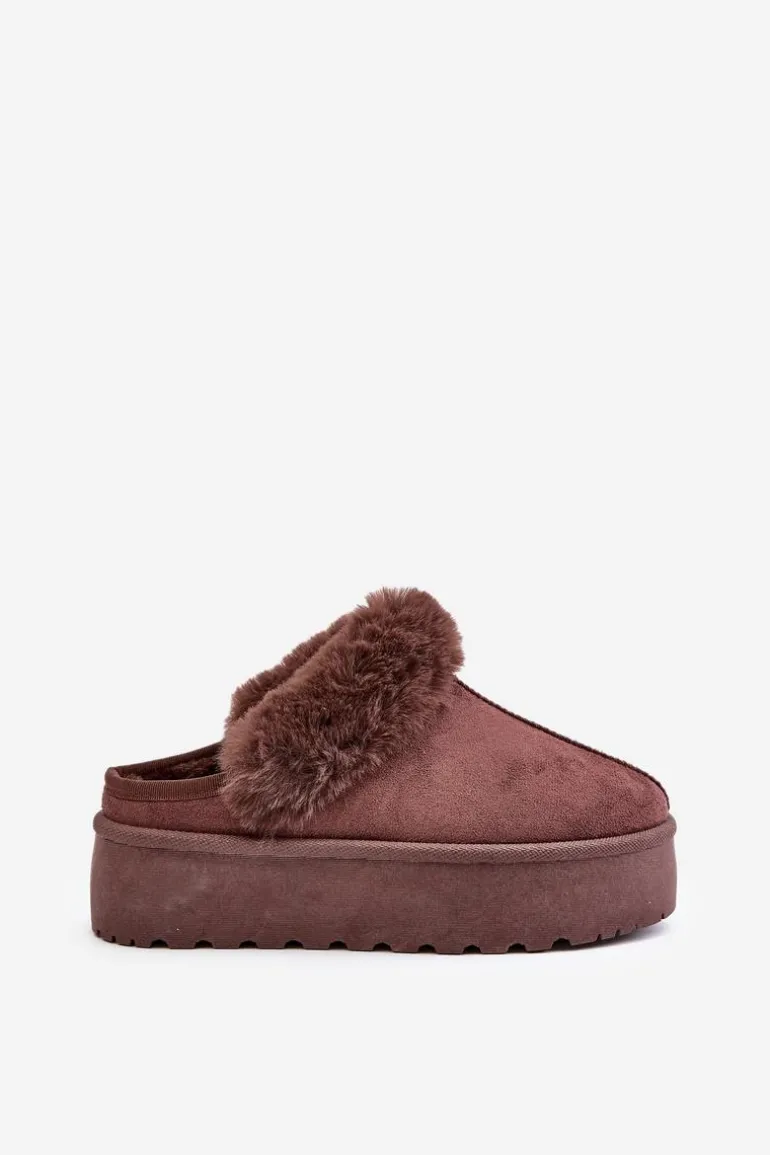 Kapcie Damskie Na Platformie Z Futerkiem Brązowe Linaris