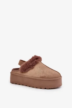 Kapcie Damskie Na Platformie Z Futerkiem Ciemnobeżowe Linaris