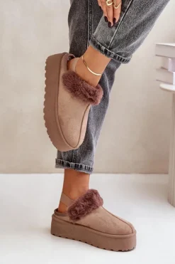 Kapcie Damskie Na Platformie Z Futerkiem Ciemnobeżowe Linaris