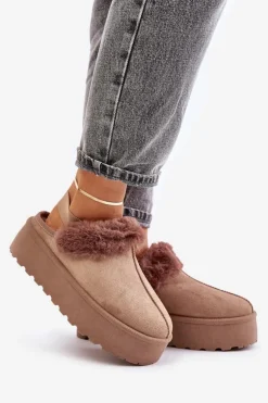 Kapcie Damskie Na Platformie Z Futerkiem Ciemnobeżowe Linaris