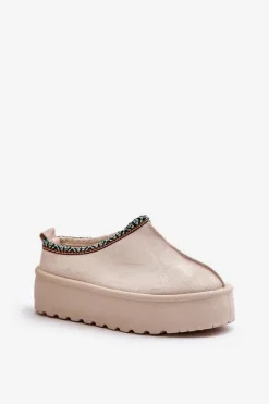 Kapcie Damskie Na Platformie Z Haftem Jasnobeżowe Neroma