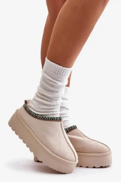 Kapcie Damskie Na Platformie Z Haftem Jasnobeżowe Neroma