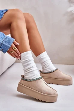 Kapcie Damskie Na Platformie Z Haftem Beżowe Neroma