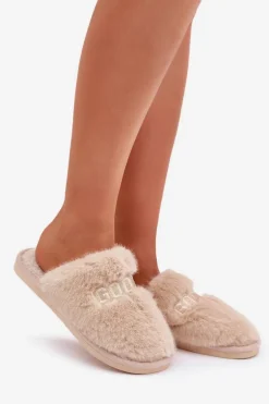 Kapcie Damskie Z Futerkiem I Napisem Beżowe Kalelia