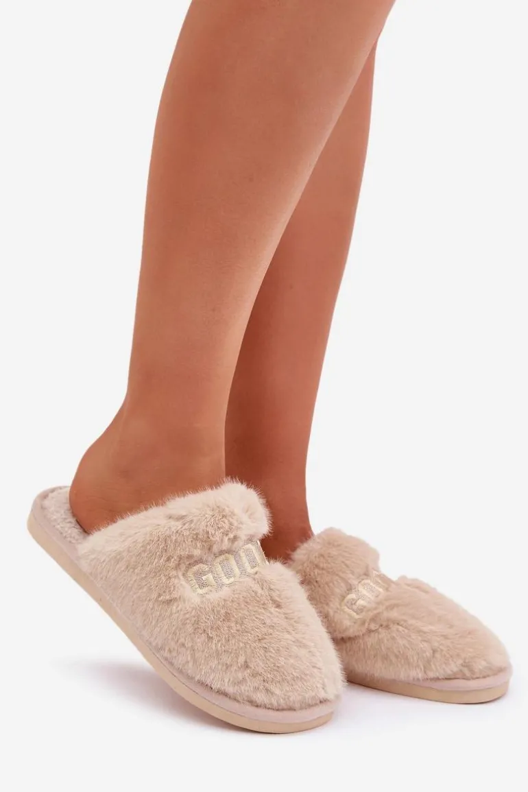 Kapcie Damskie Z Futerkiem I Napisem Beżowe Kalelia