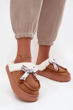 Kapcie Damskie Z Futerkiem I Kokardką Brązowe Fenella