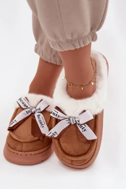 Kapcie Damskie Z Futerkiem I Kokardką Brązowe Fenella