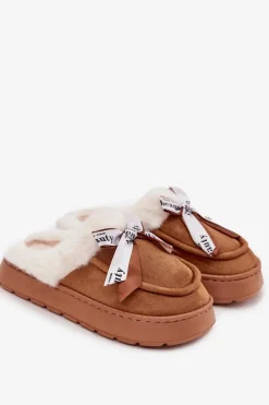 Kapcie Damskie Z Futerkiem I Kokardką Brązowe Fenella