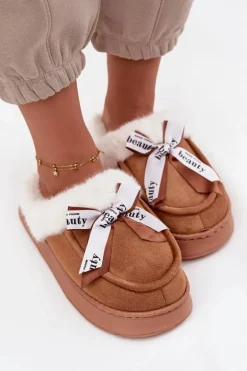 Kapcie Damskie Z Futerkiem I Kokardką Brązowe Fenella