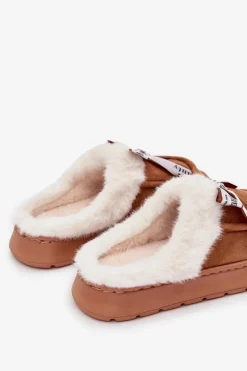 Kapcie Damskie Z Futerkiem I Kokardką Brązowe Fenella