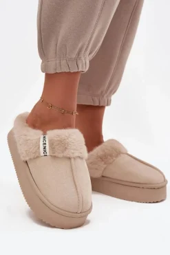 Kapcie Damskie Z Futerkiem Jasnobeżowe Parisse