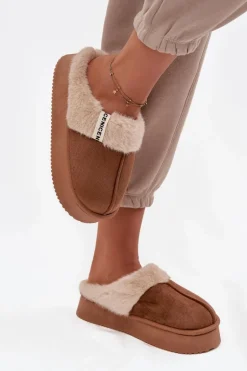Kapcie Damskie Z Futerkiem Brązowe Parisse