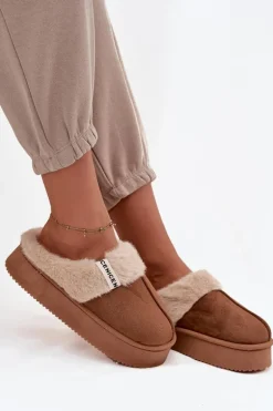 Kapcie Damskie Z Futerkiem Brązowe Parisse