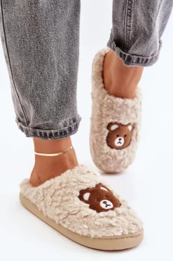 Kapcie Damskie Z Futerkiem Typu Baranek I Misiem Beżowe Temiena