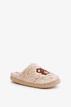 Kapcie Damskie Z Futerkiem Typu Baranek I Misiem Beżowe Temiena