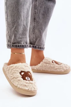 Kapcie Damskie Z Futerkiem Typu Baranek I Misiem Beżowe Temiena