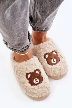 Kapcie Damskie Z Futerkiem Typu Baranek I Misiem Beżowe Temiena