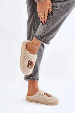 Kapcie Damskie Z Futerkiem Typu Baranek I Misiem Beżowe Temiena