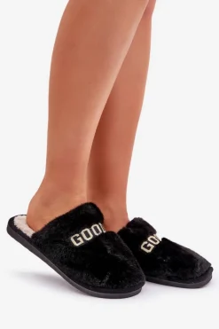 Kapcie Damskie Z Futerkiem I Napisem Czarne Kalelia