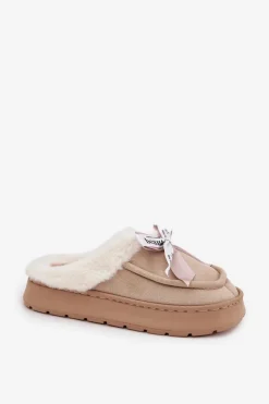Kapcie Damskie Z Futerkiem I Kokardką Beżowe Fenella