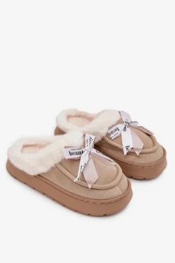 Kapcie Damskie Z Futerkiem I Kokardką Beżowe Fenella