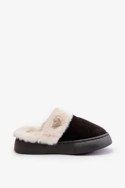 Kapcie Damskie Z Futerkiem I Ozdobnym Sercem Czarne Otielo