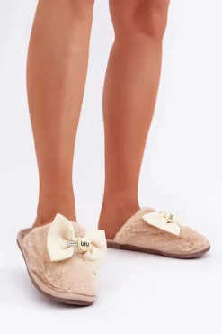 Kapcie Damskie Z Futerkiem I Kokardą Beżowe Olfedi