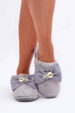 Kapcie Damskie Z Futerkiem I Kokardą Szare Olfedi