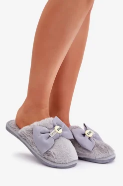 Kapcie Damskie Z Futerkiem I Kokardą Szare Olfedi